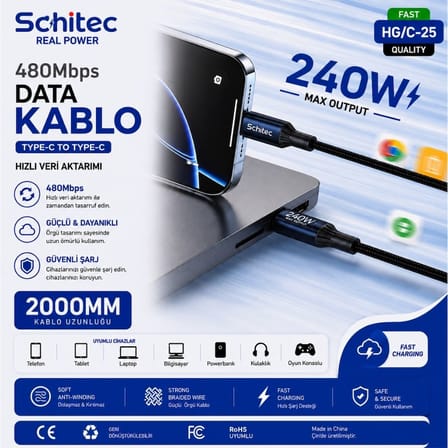 SChitec 240W Type-C to Type-C Süper Hızlı Data ve Şarj Kablosu Siyah 2 Metre HG/C-25240W2M