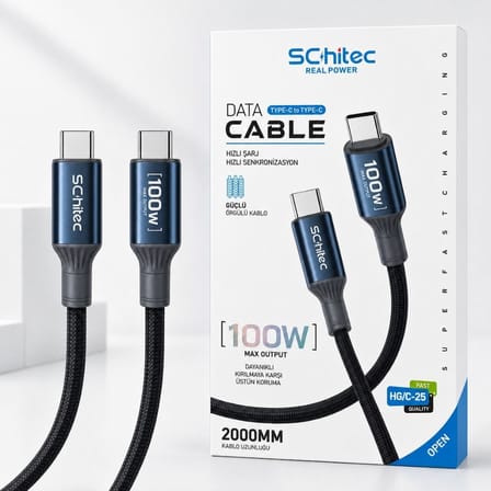 SChitec 100W Type-C to Type-C Süper Hızlı Data ve Şarj Kablosu Siyah 2 Metre HG/C-25100W2M