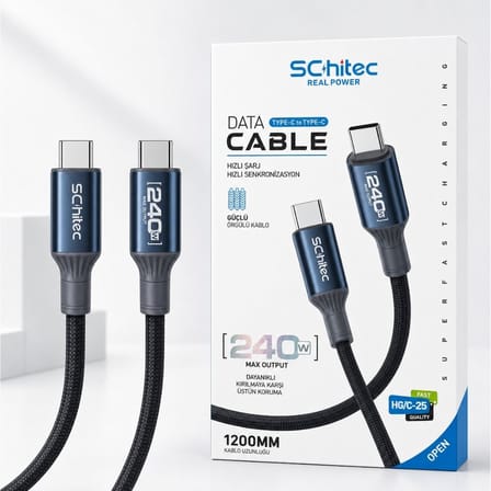 SChitec 240W Type-C to Type-C Süper Hızlı Şarj ve Data Kablosu 1.2Metre  Siyah HG/C-25