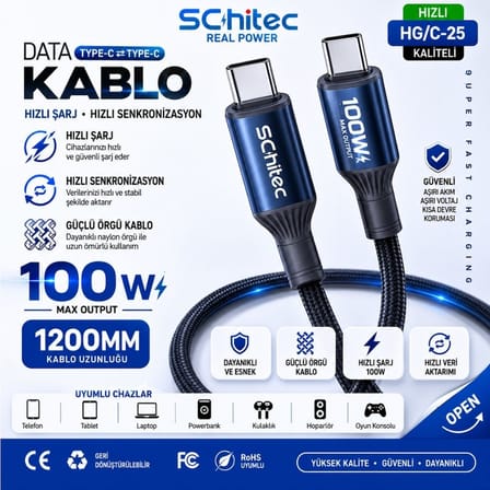 Schitec Type-C to Type-C 100W Süper Hızlı Şarj ve Data Kablosu Naylon Örgülü 1.2 Metre