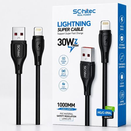SChitec USB-A to Lightning 30W Hızlı Data ve Şarj Kablosu 1m Siyah HG/C-09AL