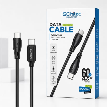 SChitec 60W Type-C to Type-C Hızlı Şarj ve Data Kablosu Siyah 1m HG/C-09CC