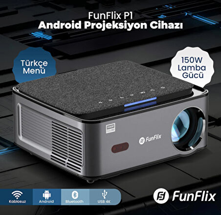 FunFlix P1 Android 4K Destekli Bluetooth 5G Wi-Fi LED Full HD Projeksiyon Cihazı, 150W lamba, 300 inç görüntü