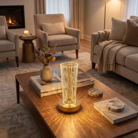 Silindirik Kristal Nokta Model LED Masa Lambası – Gold Tabanlı, Dokunmatik, 3 Renk Işık Modlu, Şarjlı Modern Dekoratif Gece Lambası (5468)