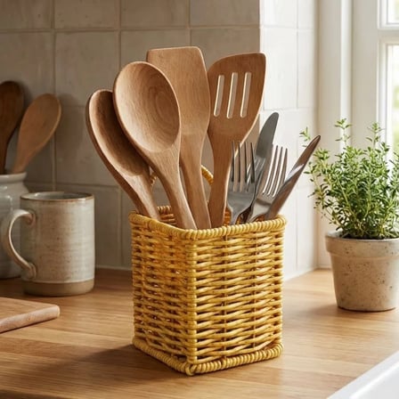 Kare Hasır Dokulu Plastik Rattan Kaşıklık &amp;amp; Çatallık – Askılı Kendiliğinden Tutmalı Çok Amaçlı Mutfak Organizeri (5468)