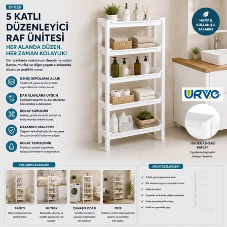 RAFTY 5 KATLI SEPET ORGANİZER DÜZENLEYİCİ RAF ÜNİTESİ 465X145X870MM (5468)