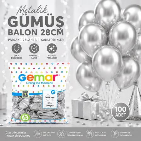 GM-110-38 METALİK - GÜMÜŞ BALON 11&amp;apos;&amp;apos; - 28CM - 100 PARÇA (5468)