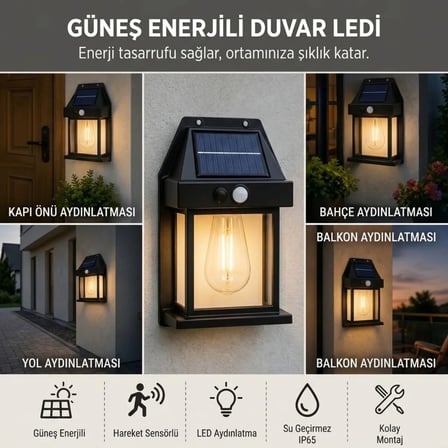 Ampul Model 3 Modlu Solar LED Duvar Lambası, Güneş Enerjili, Şarjlı Kablosuz Dış Mekân Apliği, Bahçe ve Kapı Lambası (5468)