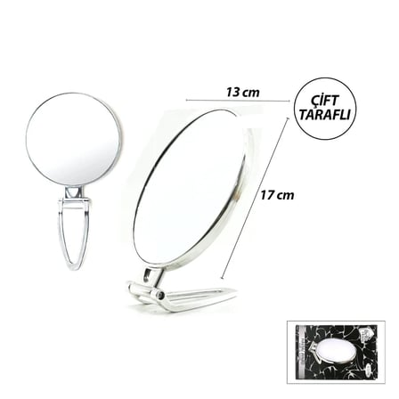 OVAL - GÜMÜŞ 6.5 INC=16.5X13CM MAKYAJ AYNASI ÇİFT TARAFLI KATLANIR AYAKLI (5468)