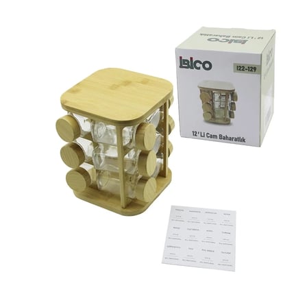 12PCS KARE DÖNER STANDLI CAM - BAMBU KAPAK TUZLUK - BAHARATLIK BAMBU STAND (5468)