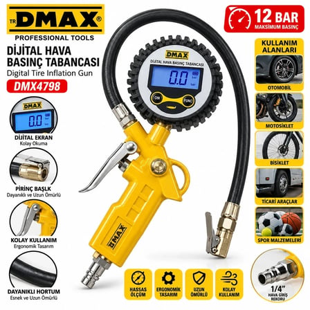DİJİTAL HAVA ÖLÇME - LASTİK ŞİŞİRME TABANCASI 12 BAR BASINÇLI - 1/4 REKOR DMX-4798 (5468)