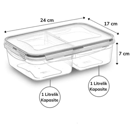 2 Bölmeli 1+1 Litre Kilitli Kapaklı Erzak Saklama Kabı LC-525 (5468)