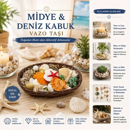 OVAL AHŞAP SEPET RENKLİ MİX MİDYE - DENİZ KABUK VAZO TAŞI (5468)