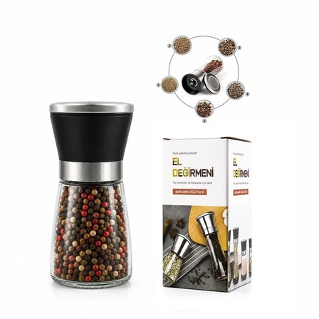 HAND GRINDER KÜÇÜK CAM HAZNELİ - PLS.KAPAKLI - KROM BELLİ TUZ - BAHARAT ÖĞÜTÜCÜ (5468)