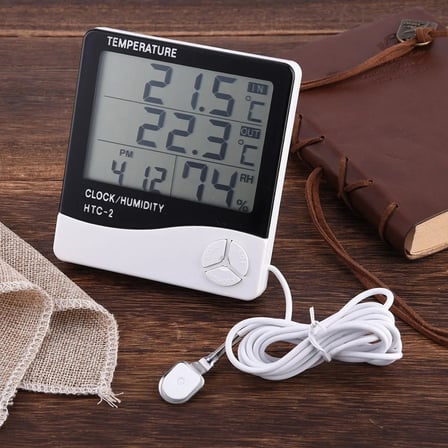 İç ve Dış Ortam Sıcaklığını Ölçebilen LCD Ekran Saat Göstergeli Alarmlı Nem Ölçer Termometre (5468)