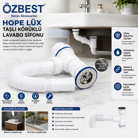 LÜX PASLANMAZ TAŞLI KÖRÜKLÜ LAVABO SİFON (5468)