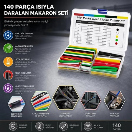 140PCS MAKARON KABLO TAMİR SETİ ISIYLA BÜZÜŞMELİ DARALAN HORTUM (5468)