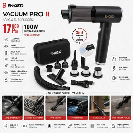 OTO ARAÇ - 2IN1 ŞARJLI 100W - 17000PA 9 BAŞLIK - 3 FİLTRE EL TİPİ BASINÇLI HAVA ÜFLEME - ARAÇ SÜPÜRGE MAKİNESİ TAŞIMA ÇANTALI EKD-SP10 (5468)