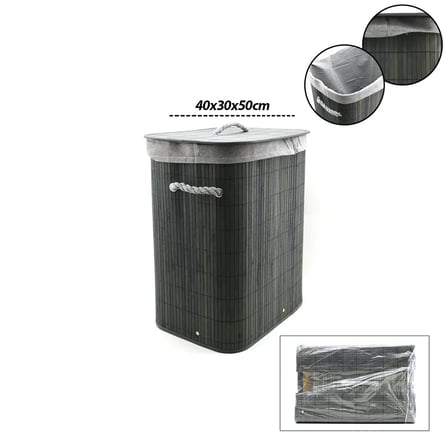 GRİ DİKDÖRTGEN 40X30CM - Y:60CM BAMBU AHŞAP KİRLİ ÇAMAŞIR SEPETİ SEYYAR KAPAKLI KUMAŞ ÇANTALI İP KULPLU (5468)