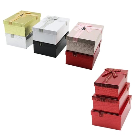 3PCS D.DÖRTGEN PARLAK MİX RENKLİ - KABARTMA DESEN KARTON HEDİYE KUTUSU KURDELALI 22.5X15.5-20.5X13.5-18.5X11.5CM (5468)