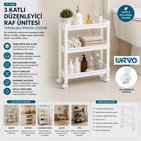 RAFTY 3 KATLI TEKERLEKLİ SEPET ORGANİZER DÜZENLEYİCİ RAF ÜNİTESİ 465X145X480MM (5468)
