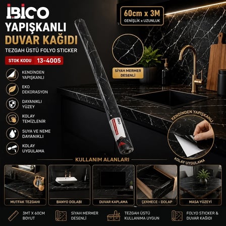 3MT X 60CM SİYAH MERMER DESENLİ TEZGAH ÜSTÜ FOLYO STİCKER - DUVAR KAĞIT KENDİNDEN YAPIŞKANLI - EKO DEKORASYON - DAYANIKLI (5468)