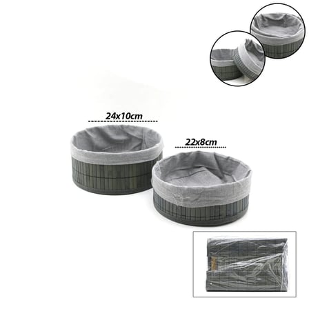 GRİ 2 BOY YUVARLAK BAMBU KENAR ORGANİZER SEPET AHŞAP ALTLIK - BEZLİ ÇAP=22X24CM (5468)