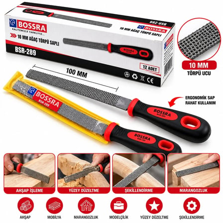 12 ADET 10 INC İNC BALIK SIRTI AĞAÇ - METAL TÖRPÜSÜ METAL EĞE KAUÇUK PLASTİK SAPLI (5468)