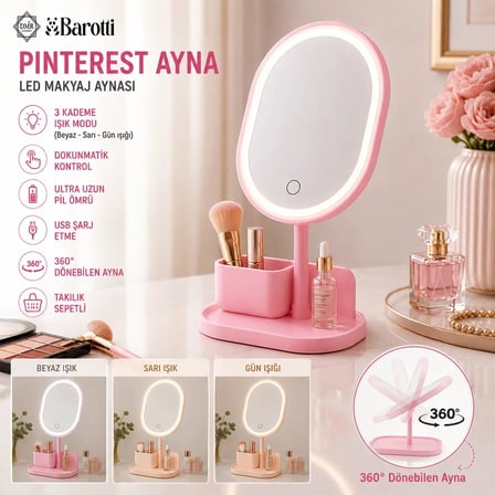 YUVARLAK- DÜZ KENAR 7 İNÇ LEDLİ - USB ŞARJLI MAKYAJ AYNASI 90°TAKILIKLI AYAKR.PLS 17.5CM (5468)