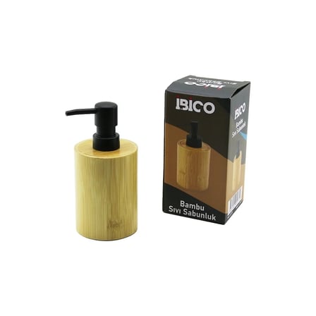 YUVARLAK AHŞAP BAMBU SIVI SABUNLUK SİYAH PLASTİK POMPA  ÇAP: 8CM - Y: 11CM (5468)
