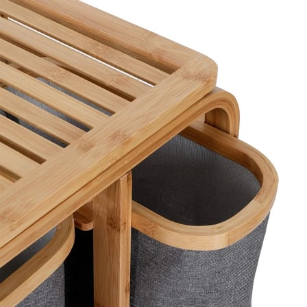 KİRLİ ÇAMAŞIR SEPETİ AHŞAP - BAMBU 3 ORGANİZER BÖLMELİ KUMAŞ ÇANTALI 50X30X70CM (5468)