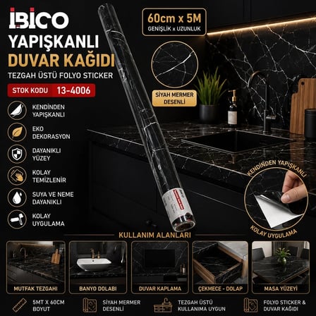 5MT X 60CM SİYAH MERMER DESENLİ TEZGAH ÜSTÜ FOLYO STİCKER - DUVAR KAĞIT KENDİNDEN YAPIŞKANLI - EKO DEKORASYON - DAYANIKLI (5468)