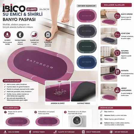 OVAL - MAT RENKLER   38X58CM   SU EMİCİ - SİHİRLİ  BANYO PASPASI  ELASTİK (5468)