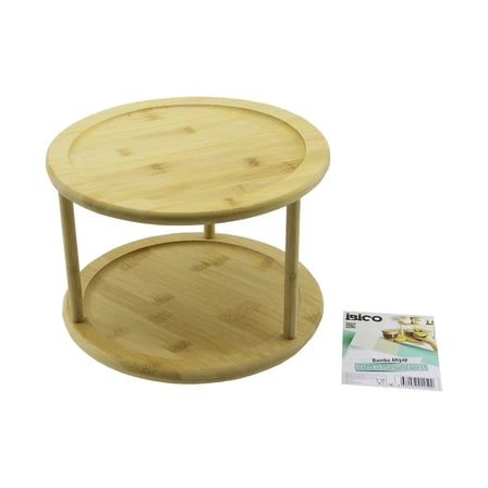2 KATLI YUVARLAK=24.5CM DÖNER TABLALI AHŞAP BAMBU SUNUM TEPSİSİ - MİNİ SOFRA (5468)