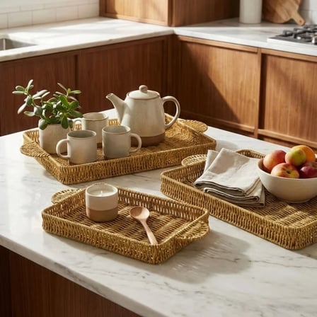 İç İçe Geçebilen 3’lü Dikdörtgen Plastik Rattan Tepsi Seti–Hasır Görünümlü Çok Amaçlı Servis ve Sunum Tepsileri (5468)