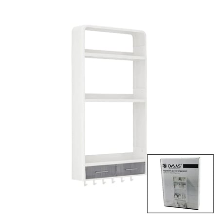 BEYAZ YAPIŞKANLI DUVAR ORGANİZERİ PLASTİK 3 RAF=14CM-19CM-30CM - 2 ÇEKMECE=40CM - 6 ASKI 19 PARÇA (5468)