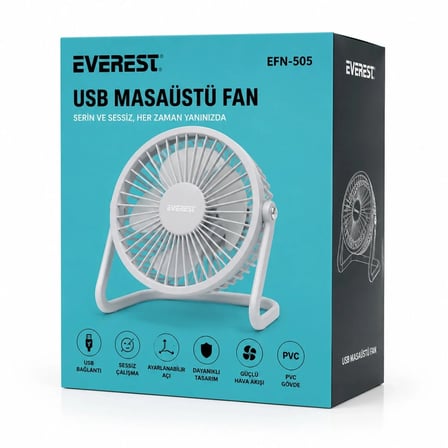 USB ŞARJLI - PVC GÖVDE 14.5X14.1CM MASA ÜSTÜ FAN - VANTİLATÖR EFN-505 (5468)