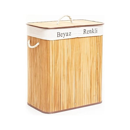 DİKDÖRTGEN İKİ BÖLMELİ İÇ BEZ BAMBU AHŞAP KİRLİ ÇAMAŞIR SEPETİ İP KULP 52X32X62CM (5468)
