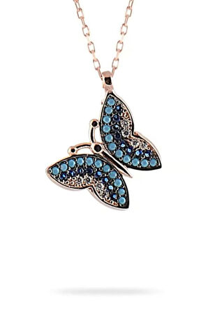 Auqamarin Ve Lacivert Renk Kelebek Model 925 Ayar Gümüş Kolye GKLKLBKLCVT-ALT