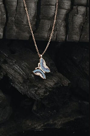 Auqamarin Ve Lacivert Renk Kelebek Model 925 Ayar Gümüş Kolye GKLKLBKLCVT-ALT