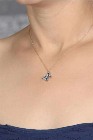 Auqamarin Ve Lacivert Renk Kelebek Model 925 Ayar Gümüş Kolye GKLKLBKLCVT-ALT