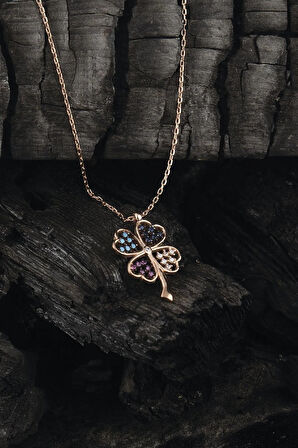 Rose Renk Mix Zirkon Taşlı Yonca Kadın 925 Ayar Gümüş Kolye Gklmıxkolye-alt