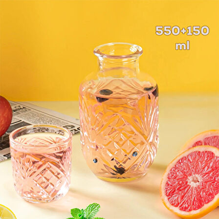 Porsima 002 Başucu Sürahisi Bardaklı Sürahi 550+150 Ml Sürahi Seti Cam Sürahi