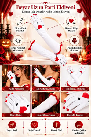 Uzun Parti Eldiveni Beyaz Kırmızı Kalp Desenli Kostüm Yılbaşı Halloween Cadılar Bayramı Bride