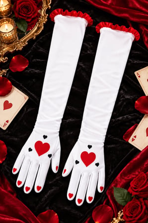 Uzun Parti Eldiveni Beyaz Kırmızı Kalp Desenli Kostüm Yılbaşı Halloween Cadılar Bayramı Bride