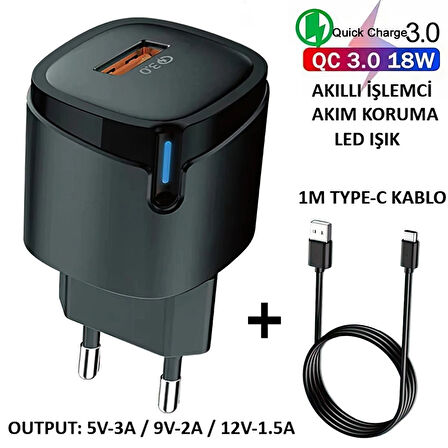 ULTRA KALİTELİ OC-3.0 18W HIZLI ŞARJ ADAPTÖRÜ(AKILLI ÇİP/LED IŞIK/1M TYPE-C KABLO)