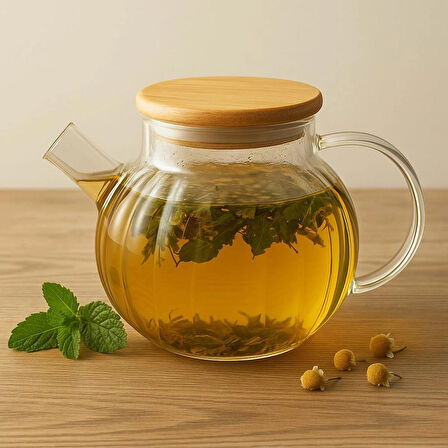 Dekorasyaa Isıya Dayanıklı Süzgeçli Cam Bambu Demlik 1000ml