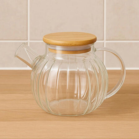 Dekorasyaa Isıya Dayanıklı Süzgeçli Cam Bambu Demlik 1000ml