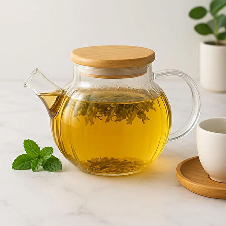 Dekorasyaa Isıya Dayanıklı Süzgeçli Cam Bambu Demlik 1000ml