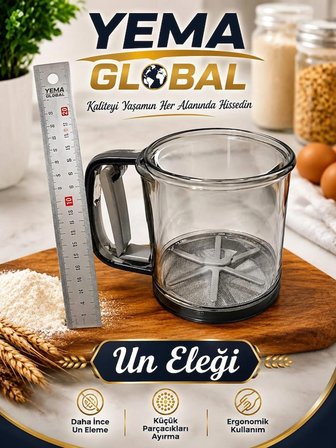 YEMA GLOBAL Un Eleği Otomatik Basmalı Saplı İnce Gözenekli Pratik Un Eleme Süzgeci Mutfak ve Pastacılık Eleği